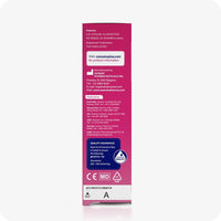 Image of the back of Conceive Plus try me size fertility lubricant 30ml box on a white background. The box is pink with white branding and text and has information about patents, distributors, website url, and quality assurance tag.