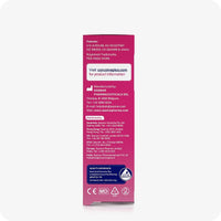 Image of the back of Conceive Plus try me size fertility lubricant applicators 3×4g box on a white background. Pink box has white branding highlighting patents, manufacturers, distributors, company website url, and a quality assurance blue box.
