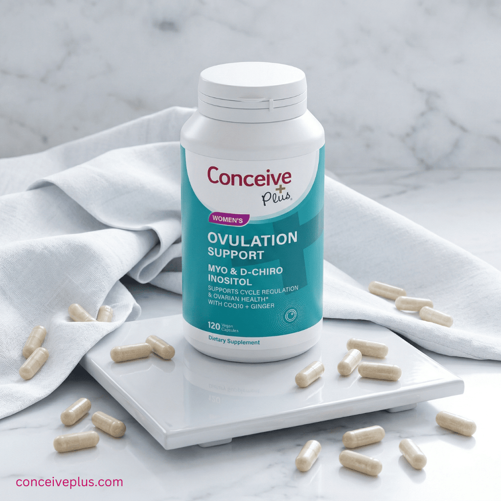 Woman's ovulation support supplements with myo-inositol and d-chiro-inositol on marble flatlay