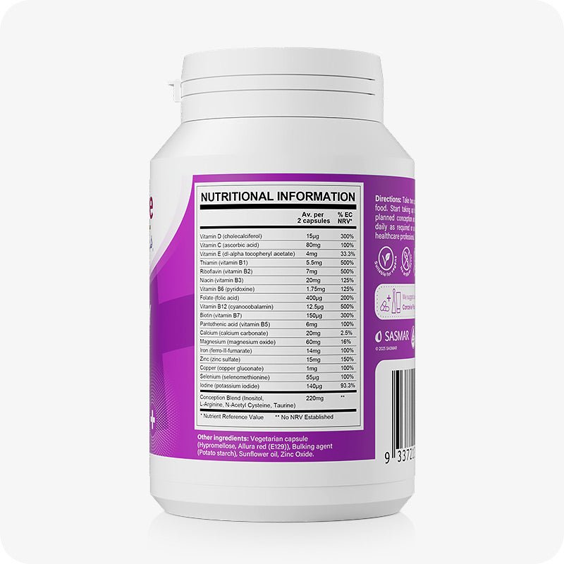 Conceive Plus Ovulation Pack - Fertility + Ovulation Supplements showing the Women’s Fertility Support bottle with detailed nutritional information label, including daily values for vitamins, minerals, and proprietary blend ingredients, on a purple background.