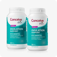 Conceive Plus Ovulation Pack - Fertility + Ovulation Supplements featuring a double pack of Ovulation Support bottles with teal labels, each containing 120 vegan capsules, designed to support cycle regulation and ovarian health, shown on a white background.