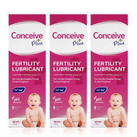 For Conceive Plus Try Me Size Fertility Lubricant Bundle, the image displays a 3-pack of 30ml Conceive Plus lubricant boxes. Each package is designed with pink and white branding, fertility-friendly claims, pH balance highlight, and a baby image to convey use for conception support.