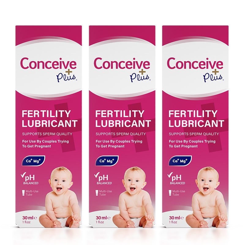For Conceive Plus Try Me Size Fertility Lubricant Bundle, the image displays a 3-pack of 30ml Conceive Plus lubricant boxes. Each package is designed with pink and white branding, fertility-friendly claims, pH balance highlight, and a baby image to convey use for conception support.