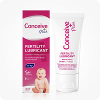 For Conceive Plus Try Me Size Fertility Lubricant Bundle, the image shows a 30ml multi-use lubricant tube placed next to its retail box. The packaging highlights product features like sperm quality support, pH balance, Ca+ and Mg+ content, and includes Conceive Plus branding with a baby image on a white and pink background.