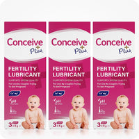 For Conceive Plus Try Me Size Fertility Lubricant Bundle, the image presents a triple pack of 3x4g pre-filled applicator boxes. Each box showcases pink and white branding with pH balanced claims and a baby image, reinforcing use by couples trying to conceive.