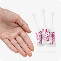 For Conceive Plus Try Me Size Fertility Lubricant Bundle, the image shows three Conceive Plus 4g pre-filled applicators beside an open hand displaying a small amount of lubricant on the palm, demonstrating texture and use. The applicators feature pink branding on a white background.