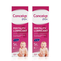 For Conceive Plus Try Me Size Fertility Lubricant Bundle, the image shows a twin pack of 30ml multi-use lubricant boxes. Both packages feature Conceive Plus branding, pH balanced and sperm quality support claims, with a baby image on the lower portion and pink-white color scheme.
