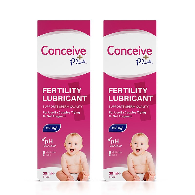 For Conceive Plus Try Me Size Fertility Lubricant Bundle, the image shows a twin pack of 30ml multi-use lubricant boxes. Both packages feature Conceive Plus branding, pH balanced and sperm quality support claims, with a baby image on the lower portion and pink-white color scheme.