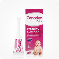 For Conceive Plus Try Me Size Fertility Lubricant Bundle, the image shows one pre-filled 4g applicator positioned beside a box labeled as a 3-pack. The packaging includes Conceive Plus branding, Calcium and Magnesium ion content, pH balanced and sperm support claims, along with a baby image on a clean white background.