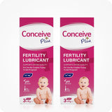 For Conceive Plus Try Me Size Fertility Lubricant Bundle, the image shows a side-by-side display of two Conceive Plus boxes, each containing a 3-pack of 4g pre-filled applicators. The packaging features bold pink and white branding, fertility claims, and a baby image.