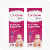 For Conceive Plus Try Me Size Fertility Lubricant Bundle, the image shows a side-by-side display of two Conceive Plus boxes, each containing a 3-pack of 4g pre-filled applicators. The packaging features bold pink and white branding, fertility claims, and a baby image.