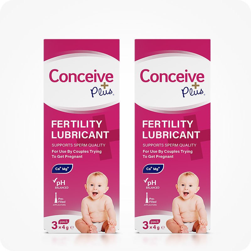 For Conceive Plus Try Me Size Fertility Lubricant Bundle, the image shows a side-by-side display of two Conceive Plus boxes, each containing a 3-pack of 4g pre-filled applicators. The packaging features bold pink and white branding, fertility claims, and a baby image.